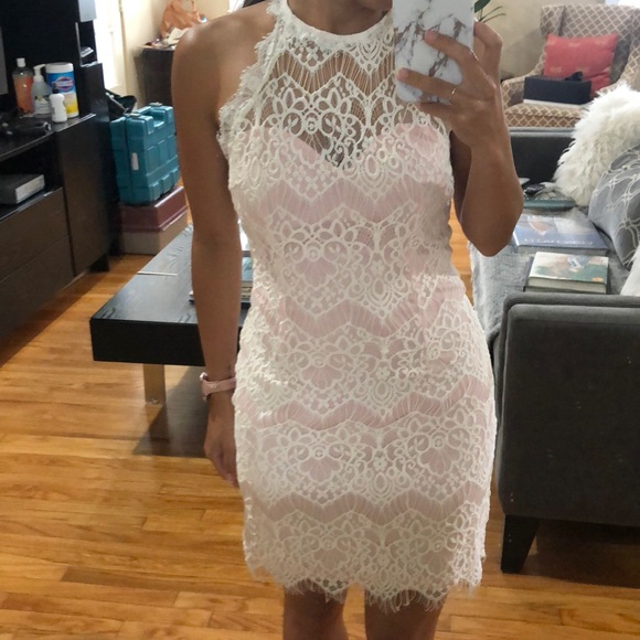 Forever 21 Dresses & Skirts - White lace cocktail dress with pink underlay.